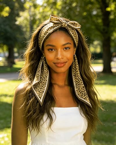Silky Satin Long Skinny Head Scarf for Women - Neck Hair Scarf, Purse Bag Belt Accessory, Silk Feeling, 57"x5" - color: Leopard Print 065
