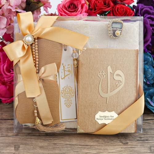 Yaseen Dua Book Shawl Prayer Rug Misbaha and Bookmark Islamic Gift Set | Muslim Favor Set for Women, Eid Ramadan Birthday Gift for Her (Gold) - color: Gold
