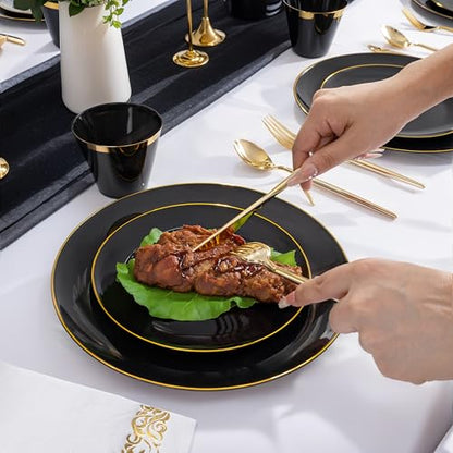 MirthMood 350Pcs Black and Gold Disposable Plates,Black Plates, Black and Gold Plates Include 30 Dinner,Dessert Plate,30 Cup&30 Napkins, 90 Gold Silverware for Wedding & Party & Birthday - color: Black, size: 350