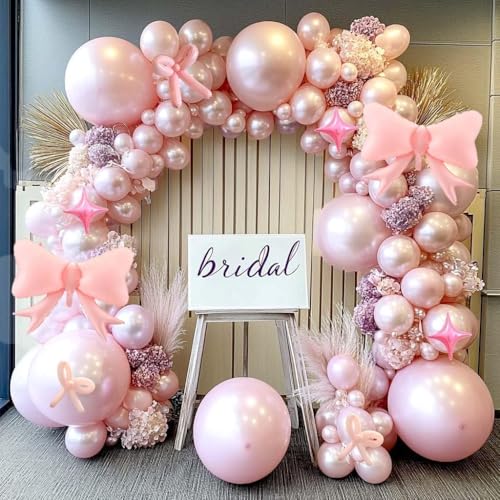 Pearl Pink Double Stuffed Balloons for Bow Star Birthday Baby Shower Party | Light Pink Balloon Arch With Foil Bow Balloon 4 Corner Star Long Balloons for Princess Bridal Shower Sweet Girl Party - color: Double Stuffed Pearl Pink