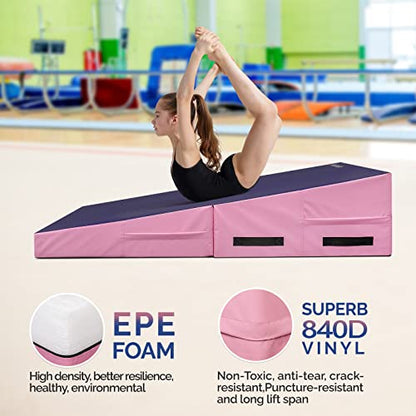 Folding Gymnastics Cheese Wedge Incline Mat, Gym Fitness Tumbling Skill Shape Mat for Kids Girls Home Training Exercise - color: Purple+Pink