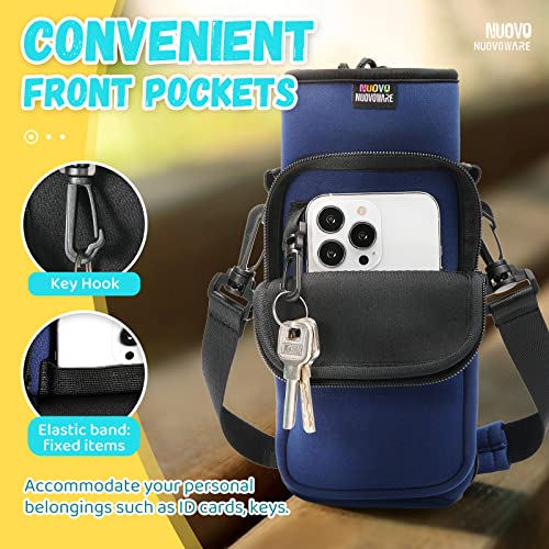 Nuovoware Water Bottle Carrier Bag, 25oz/32oz, Navy blue | Adjustable Shoulder Hand Strap, 2 Pocket, Neoprene Sleeve, For Hiking Travelling Camping - color: Navy Blue, size: 25-32 Ounces - Standard
