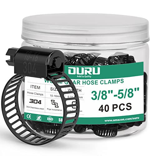 OURU 40PCS Black Hose Clamp Stainless Steel Adjustable 3/8"-5/8"(10-16mm) | Heavy Duty, Rust Resistant, Worm Gear Small Hose Clamp， Automotive, Pipe, Radiator Plumbing, Fuel Line - size: 40PCS (3/8" - 5/8")