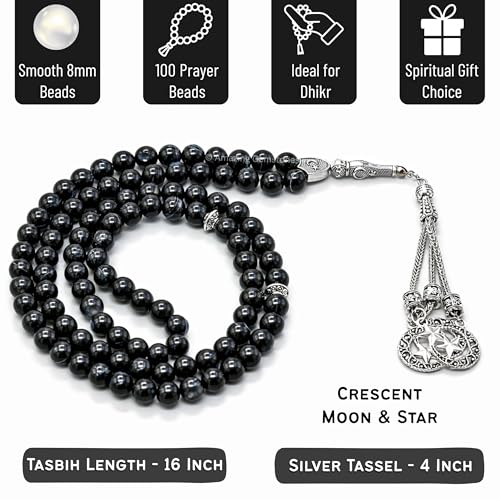 Amazing Gemstone Black Banded Agate Tasbeeh with Moon and Star Charm - Certified Crystal Muslim Prayer Beads Natural Gemstone Tasbih Gift for Ramadan Dhikr and Daily Namaz (S) - color: Black Banded Agate