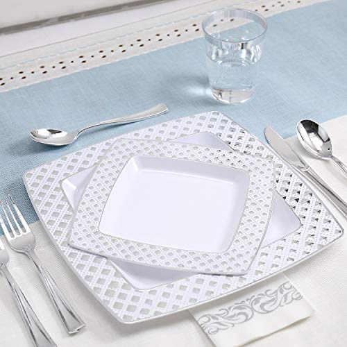 FOCUSLINE 175 Count Silver Dinnerware Set for 25 Guests, Disposable Square Plastic Plates with Diamond Rim, Includes 25 Dinner & Dessert Plates, Napkins, Cups, Cutlery Set for Wedding Parties - color: Silver Diamond Rim Plates