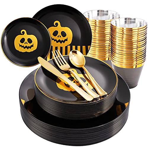 KIRE 25 Guest Halloween Plates Black Gold Plastic Plates Smiley Pumpkin include 50PCS Black &150PCS Gold Plastic Silverware&25PCS Clear Black Cups for Halloween Party - color: Halloween Pumpkin
