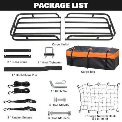 WEIZE 53" x 19" Hitch Mount Cargo Carrier Basket 500LB Capacity with Hitch Stabilizer, Waterproof Bag, Net & Straps, Fits 2" Receiver for Car SUV, Steel Construction - size: 53" x 19" x 5"