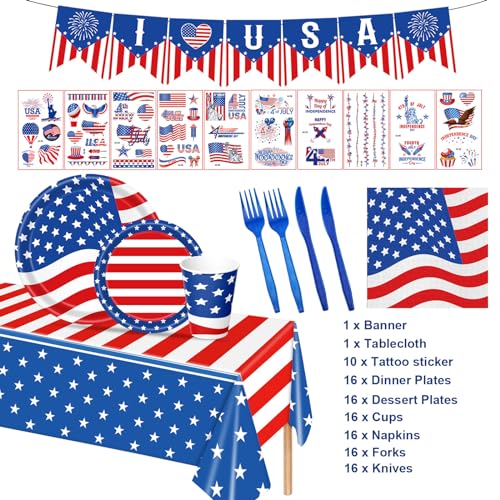 108PCS 4th of July Party Supplies American Flag Tableware Set Forth of July Patriotic Party Decorations Patriotic Paper Plates and Napkins Tablecloth Memorial Independence Day Dinnerware for 16 Guests - style: 4th of july