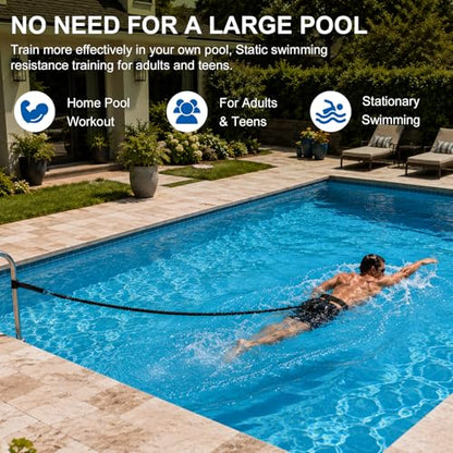 Swimming Training Belt 8-25FT Adjustable Swimming Resistance Belt, Stationary Harness for Any Pool Without Counter Current System - color: Black