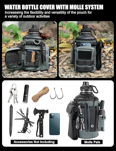 Tactical Half Gallon Water Bottle with Straw, 64 Oz Insulated Water Jug with Molle Water Bottle Holder, Stainless Steel Sport Bottle with 3 BPA Free Lids for Gym Workout Hiking (64oz-Gray) - color: 64oz-Gray