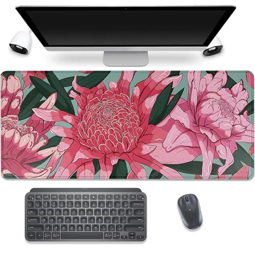 Pink and Red Flowers Desk Pad Mouse Pad,Large Gaming Floral Mouse Mat with Stitched Edges,Non-Slip Waterproof Rubber Base Mousepad for Office Work Home Desk Mat(27.5X11.8 in) - color: Pink Art Flowers