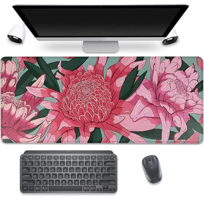 Pink and Red Flowers Desk Pad Mouse Pad,Large Gaming Floral Mouse Mat with Stitched Edges,Non-Slip Waterproof Rubber Base Mousepad for Office Work Home Desk Mat(27.5X11.8 in) - color: Pink Art Flowers