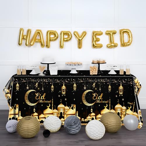 PHOGARY Eid Decorations 2 Pcs Eid Mubarak Tablecloth, Ramadan Mubarak Tablecloth Disposable Rectangle Plastic Ramadan Kareem Table Covers for Eid Al-fitr Party Ramadan Decorations 54" X108", Black
