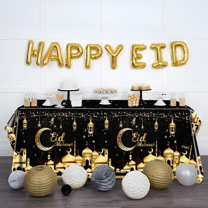 PHOGARY Eid Decorations 2 Pcs Eid Mubarak Tablecloth, Ramadan Mubarak Tablecloth Disposable Rectangle Plastic Ramadan Kareem Table Covers for Eid Al-fitr Party Ramadan Decorations 54" X108", Black