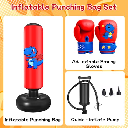 Inflatable Punching Bag for Kids: Qoosea 48 Inches Kids Bop Bag Boxing Gloves & Air Pump Dinosaur Toy Gift for Toddler & Kid Ages 3-8,Freestanding Punching Bag Easy to Inflate,Boxing Bag - color: Red