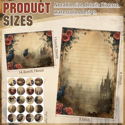 TaoBary 160 Pcs Stationery Paper Set 50 Double Sided Stationery Papers with 50 Matching Envelopes and 60 Round Dot Sticker, 10 Design(Gothic Style,8.25 x 5.5 Inch) - size: 8.25 x 5.5 Inch, style: Gothic Style