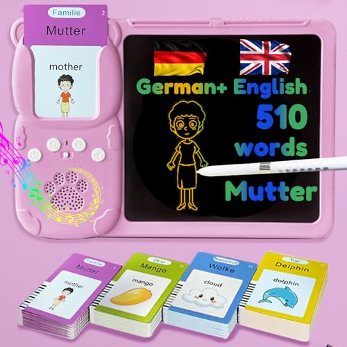 Writing Tablet with Bilingual Flash Cards for Kids, German, Pink - color: German, size: Pink