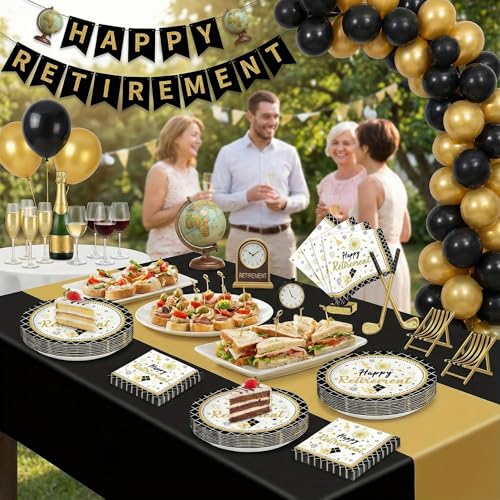 Dereinwo 50 Pcs Retirement Large 12" x 10" Oval Paper Plates and Napkins Disposable Heavy Duty Paper Plates and Napkins for Retirement Party Supplies - style: Retirement
