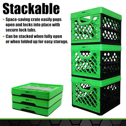 Grip Folding Stackable Storage Bin, Grn, 6 Gallon - Dimensions: 13" x 13" x 11" - Milk Crate - Capacity: 50 lbs - Heavy Duty Plastic - Collapsible Crate for Sporting Goods, Toys, Pool Toys, Files