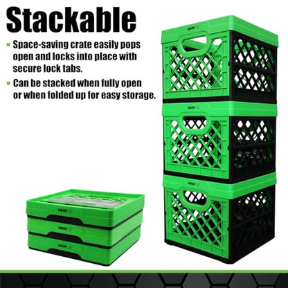 Grip Folding Stackable Storage Bin, Grn, 6 Gallon - Dimensions: 13" x 13" x 11" - Milk Crate - Capacity: 50 lbs - Heavy Duty Plastic - Collapsible Crate for Sporting Goods, Toys, Pool Toys, Files