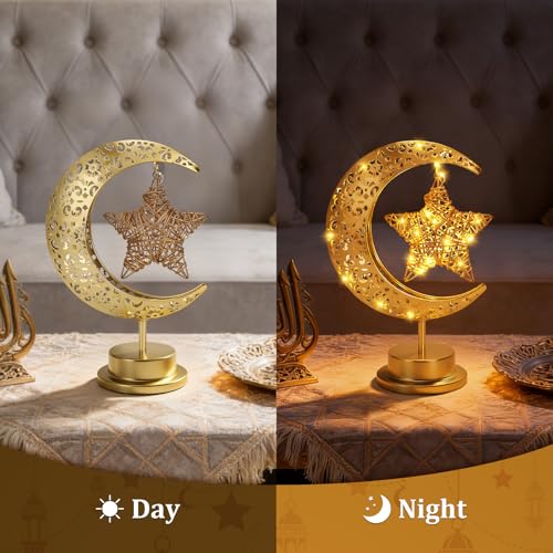 Half Moon Light Metal Ramadan Star Decorative Lamp - Battery Operated, Eid Decorations, Moon Night Light for Kids