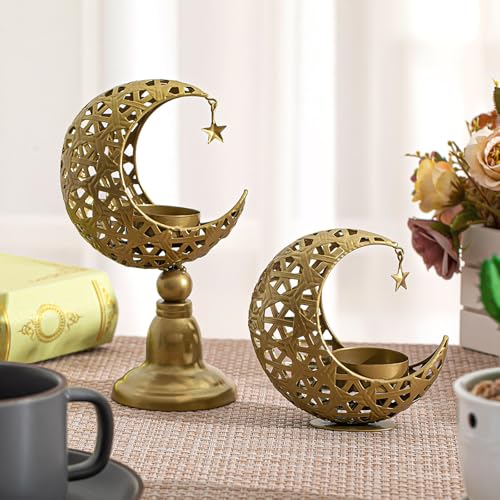 2 Pcs Ramadan Decorations for Home Golden Moon Shape Candle Holder Metal Candlestick Holder Eid Mubarak Table Centerpiece Decor for Birthday Wedding Church