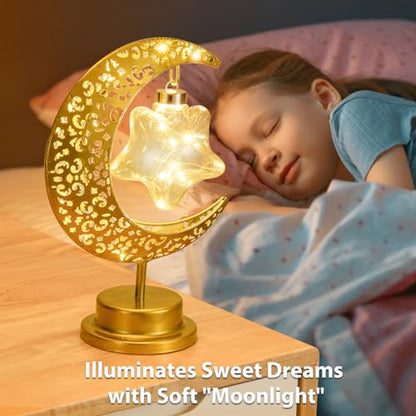 Lewondr Decorative Moon Star Table Lamp, Battery Operated Desk Warm Light | Ramadan Eid Mubarak Festival Decoration, Cordless Metal Crescent Star Lantern Light for Bedroom Nightstand, Desktop & Holiday - style: Star Moon
