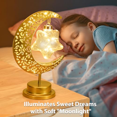 Lewondr Decorative Moon Star Table Lamp, Battery Operated Desk Warm Light | Ramadan Eid Mubarak Festival Decoration, Cordless Metal Crescent Star Lantern Light for Bedroom Nightstand, Desktop & Holiday - style: Star Moon