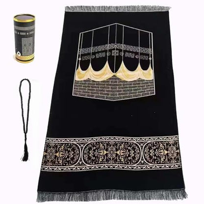 Muslim Prayer Rug & Beads Set with Stylish Cylinder Gift Box Janamaz Sajadah Ultra-Soft Taffeta Prayer Mat Perfect Islamic Spiritual Gift for Ramadan Islamic Wall Pattern Black - color: Wall