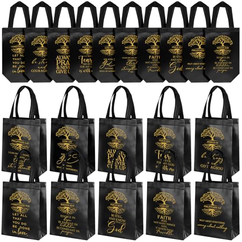 Sweetude 30 Pcs Christian Bag Bulk with Handle Religious Medium Size Bible Verse Reusable Non Woven Handbag for Coworker Men Women Grandparent Day Church Halloween Party Favor Bags(Black and Gold) - color: Black and Gold
