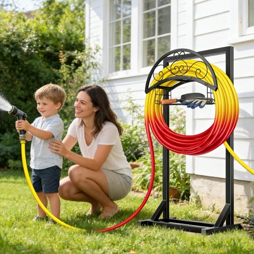 Garden Hose Holder Stand, BOLITE Metal Hanger with Storage Basket, 150ft | Heavy Duty, Freestanding Detachable, Water Hose Holder with Storage Basket, 4 Spikes, Storage Rack for Outside Yard Lawn Farm - style: Freestanding with Bracket