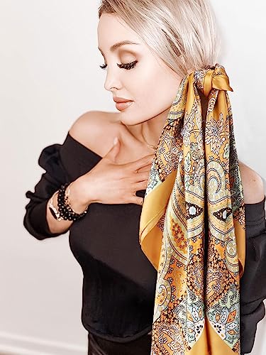 DRESHOW 35” Large Square Satin Head Scarf - 4Pcs Silk Accessories Classic Patterned Squares Beach Bandanas for Women - color: 4 Pcs: Blue, White, Camel, Black