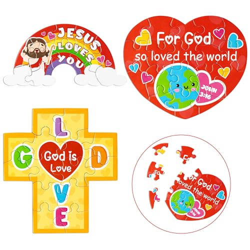 Haooryx Valentine's DIY Jigsaw Puzzle - 18 Pcs Jesus Loves You Colorful Cross Rainbow Heart Valentine’s Day Religious Paper Puzzle Exchange Gift Sunday School Educational Church Classroom Activity - style: Valentine’s Day DIY