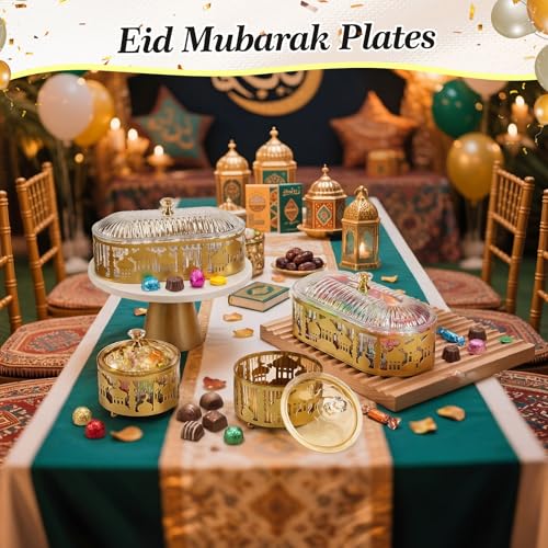 4 Pcs Ramadan Trays with Lid Gold Eid Mubarak Tray Plates Ramadan Moon Candy Dish Table Decorations Food Serving Tray Islam Muslim Al-fitr Cookie Storage Container for Eid Party Supplies
