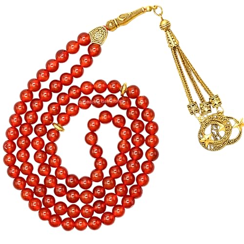 Amazing Gemstone Crystal Tasbeeh with Moon and Star Charm - Certified Crystal Muslim Prayer Beads Natural Gemstone Tasbih Gift for Ramadan Dhikr and Daily Namaz (G) - color: Red Onyx