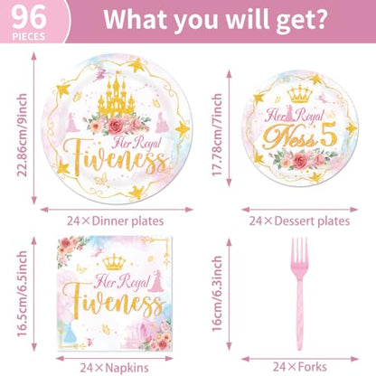 96피스 공주 5번째 생일 장식 식기 세트 그녀의 왕실 5세 생일 종이 접시 냅킨 포크 공주 5세 생일 테마 파티 용품 24명의 손님에게 제공 - color: 2-핑크