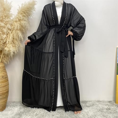 Abayas For Women Muslim Ramadan Long Sleeve Open Front Imitation Pearls Tiered Chiffon Dress Cardigan with Belt Dubai Kaftan - color: Black, size: Small