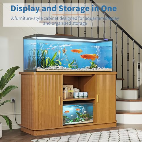 DHH 55-75 Gallon Fish Tank Stand with Power Outlet, Mid Century Modern Aquarium Stand with Adjustable Shelves and Sliding Door,Heavy Duty Reptile Tank Stand for Turtle Terrarium, 1000LB (Yellow Oak)