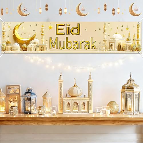 BlissYard Eid Mubarak Large Banner Backdrop 79x18Inch Festive Celebration Display for Eid Al-Fitr Al-Adha Islamic Holiday Wall Banner for Photo Background Ramadan Indoor Outdoor Event Decor
