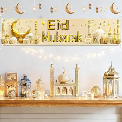 BlissYard Eid Mubarak Large Banner Backdrop 79x18Inch Festive Celebration Display for Eid Al-Fitr Al-Adha Islamic Holiday Wall Banner for Photo Background Ramadan Indoor Outdoor Event Decor