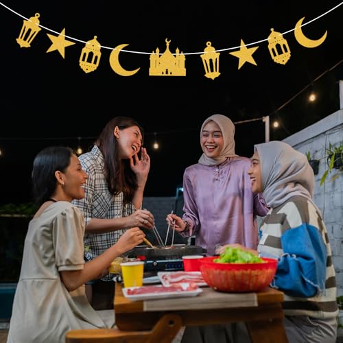 Eid Mubarak Banner, Eid Mubarak Party Hanging Decor Ramadan Mubarak Party Decorations Islamic Starr Moon Mosque Garlands Islam Star Moon Crescent Muslim Party Supplies Gold Glitter