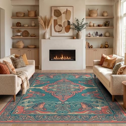 3'x5' Teal Coral Symmetrical Scrollwork Washable Accent Rug - color: Blue/Pattern 15, size: 3' x 5' (Rectangular)