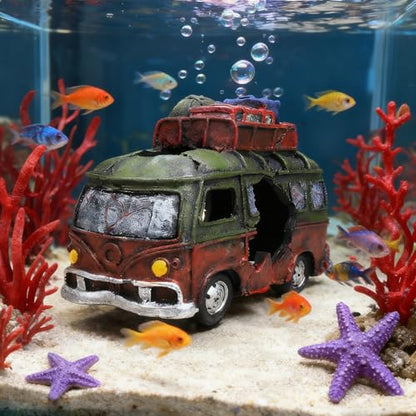 Aquarium Decorations Resin Bus Wreck Fish Tank Decoration Beta Fish Shrimp Aquatic Pets Hiding Cave Accessories