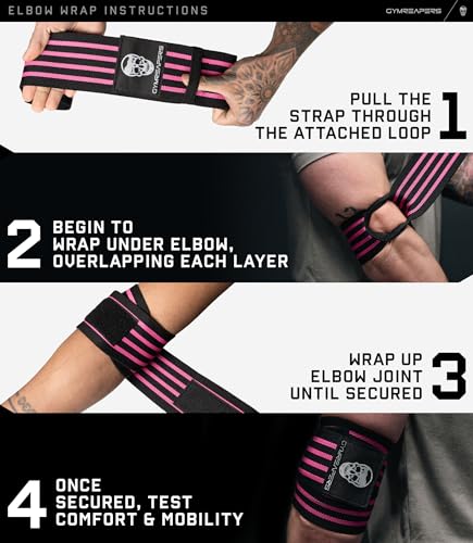 Gymreapers Weightlifting Elbow Wraps (1 Pair) - Flexible 40'' Elbow Compression Strap & Joint Support Brace - for Bench Press, Powerlifting, and Pressing - color: Pink