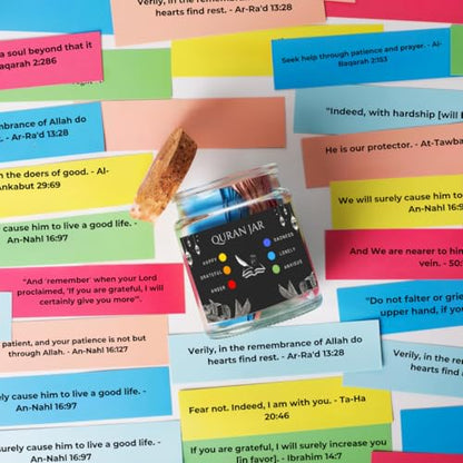 Quran Verse Jar - Spiritual Comfort Read For Emotions & Feelings, Islamic Gifts for Women, Men, Mom, Dad, Friend - English, Decor, Ramadan & Eid Gift - Affirmation Verses, Hope & Prayer Jar