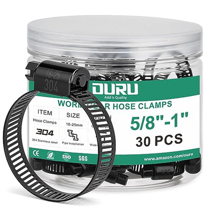 OURU 30PCS 5/8"–1" Black Hose Clamp,Adjustable 16-25mm Small Hose Clamps Stainless Steel,Metal Worm Gear Hose Clamps for Automotive,Plumbing,Intercooler,Pipe,Fuel Line Radiator Clamps - size: 30PCS (5/8" - 1")