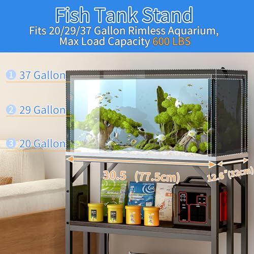 METYERRY 20-29-37 Gallon Fish Tank Stand with Power Outlet,Adjustable Aquarium Stand, Heavy Duty Terrarium Stand,Metal Frame Reptile Turtle Tank Stand Suitable for Home Office,600LBS Capacity, Black - color: Black, size: 20-29-37 Gallon
