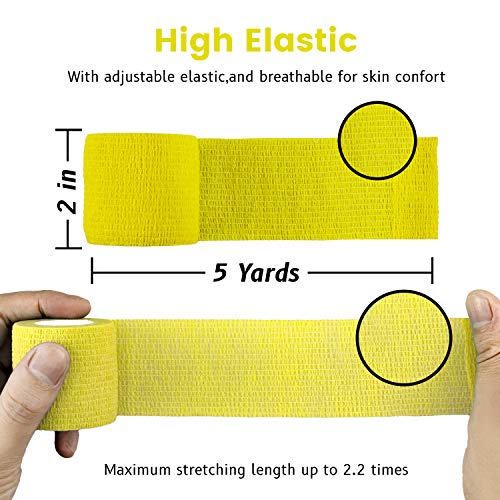 FRESINIDER 9 Rolls Self Adhesive Wrap Athletic Tape Gauze, Breathable Elastic Cohesive Bandage for Sports Injury & Pet (7 Pcs 2" x 5 Yards + 2 Pcs 1" X 5 Yards) (Yellow) - color: Yellow