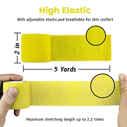 FRESINIDER 9 Rolls Self Adhesive Wrap Athletic Tape Gauze, Breathable Elastic Cohesive Bandage for Sports Injury & Pet (7 Pcs 2" x 5 Yards + 2 Pcs 1" X 5 Yards) (Yellow) - color: Yellow