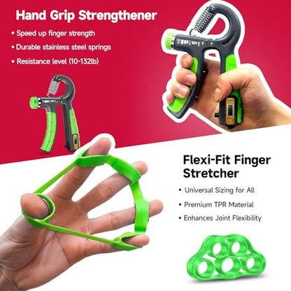 FitBeast Hand Grip Strengthener Workout Kit (5 Pack), 2 Forearm Grip Adjustable Resistance Hand Gripper, Finger Stretcher, Grip Ring & Stress Relief Grip Ball for Athletes - color: Light Green